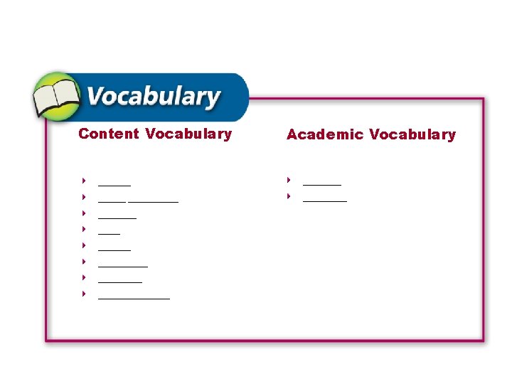 Content Vocabulary Academic Vocabulary _________ _______ ________ 