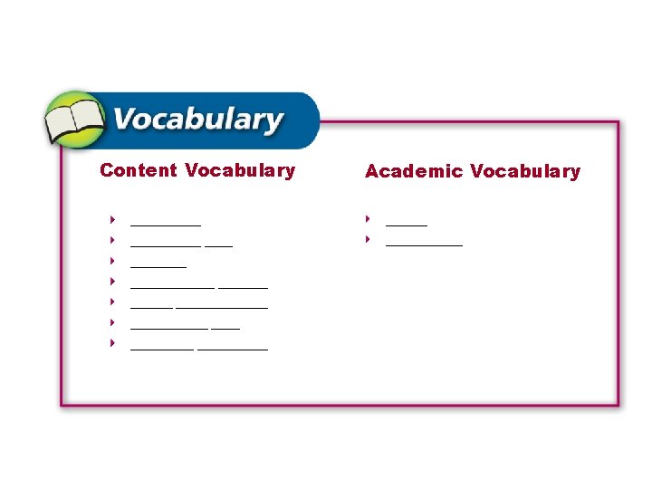 Content Vocabulary Academic Vocabulary ___________ ____________ _________ _____ 