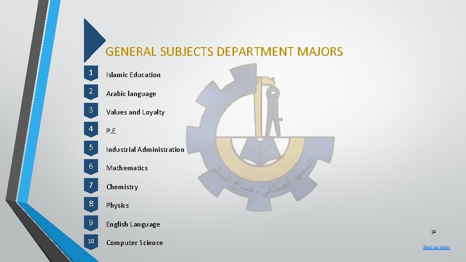 GENERAL SUBJECTS DEPARTMENT MAJORS 1 Islamic Education 2 Arabic language 3 Values and Loyalty
