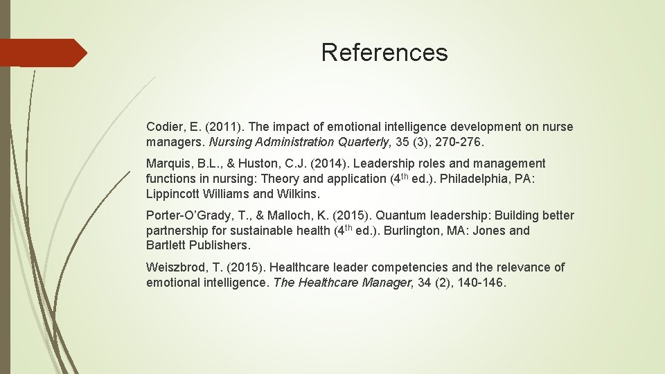References Codier, E. (2011). The impact of emotional intelligence development on nurse managers. Nursing