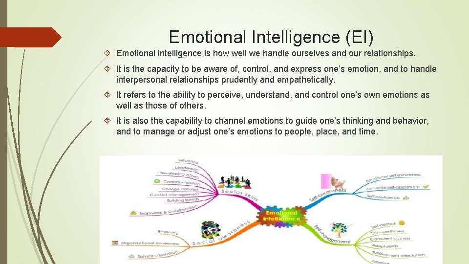 Emotional Intelligence (EI) Emotional intelligence is how well we handle ourselves and our relationships.