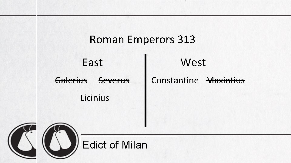 Roman Emperors 313 East Galerius Severus Licinius Edict of Milan West Constantine Maxintius 