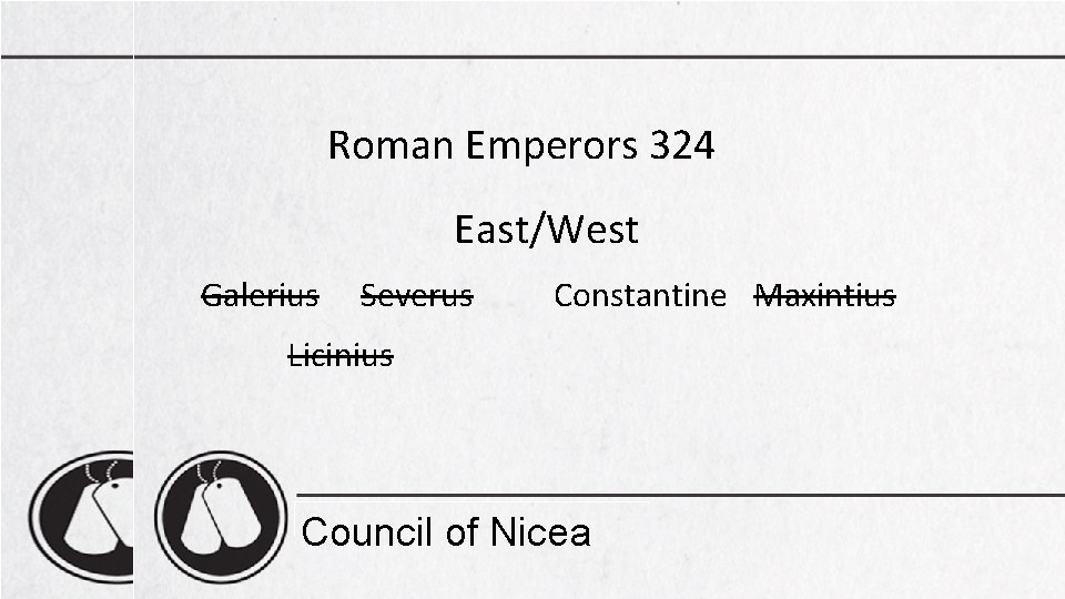 Roman Emperors 324 East/West Galerius Severus Constantine Maxintius Licinius Council of Nicea 