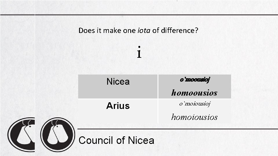 Does it make one iota of difference? i Nicea o`moousioj homoousios Arius o`moiousioj homoiousios