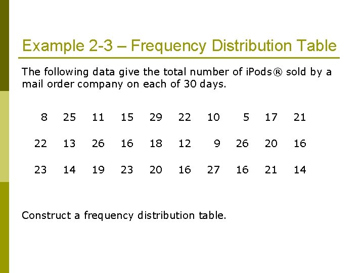 Example 2 -3 – Frequency Distribution Table The following data give the total number Example 2 -3 – Frequency Distribution Table The following data give the total number