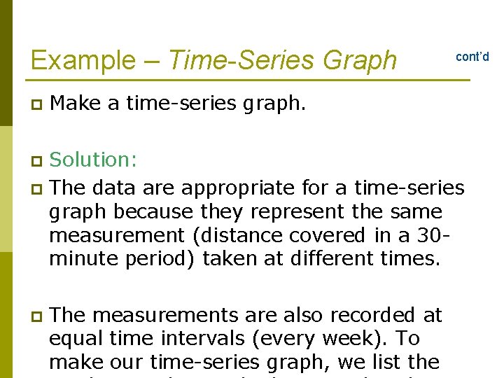 Example – Time-Series Graph p cont’d Make a time-series graph. Solution: p The data Example – Time-Series Graph p cont’d Make a time-series graph. Solution: p The data