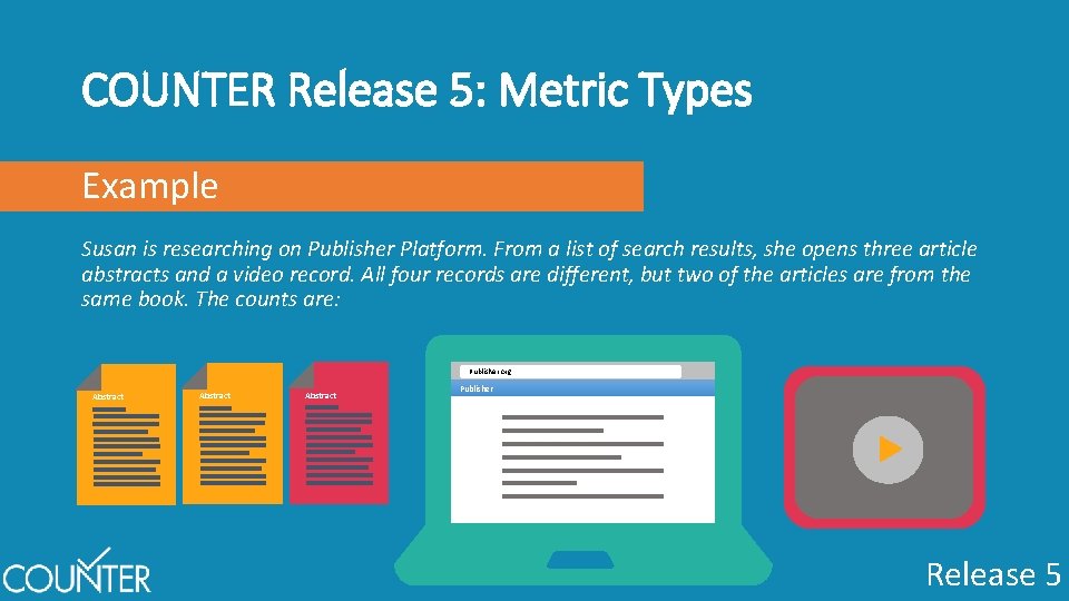 COUNTER Release 5: Metric Types Example Susan is researching on Publisher Platform. From a