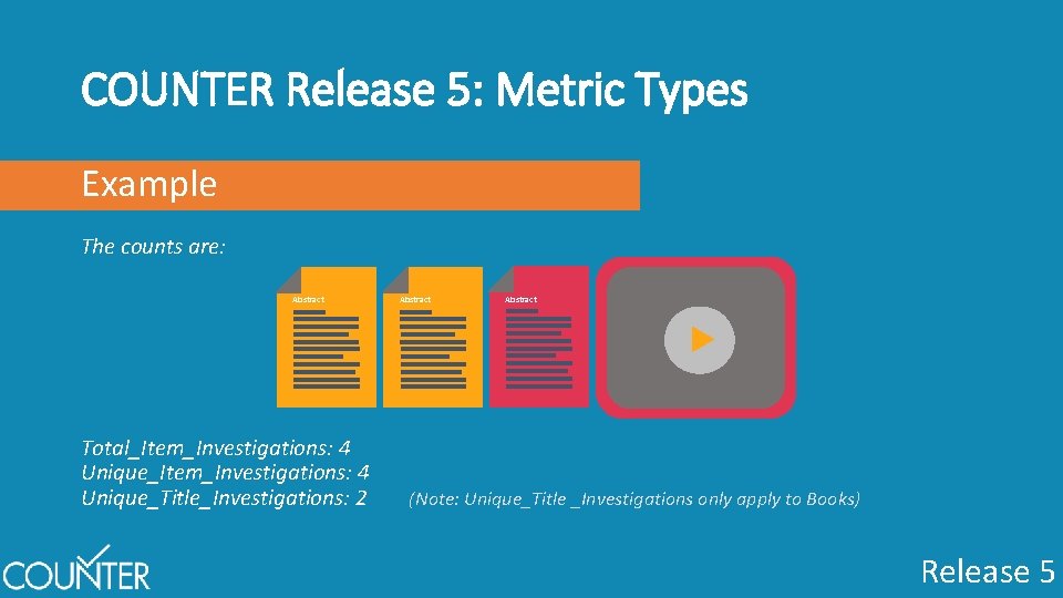 COUNTER Release 5: Metric Types Example The counts are: Abstract Total_Item_Investigations: 4 Unique_Title_Investigations: 2