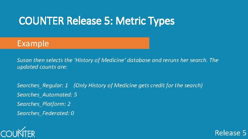 COUNTER Release 5: Metric Types Example Susan then selects the ‘History of Medicine’ database