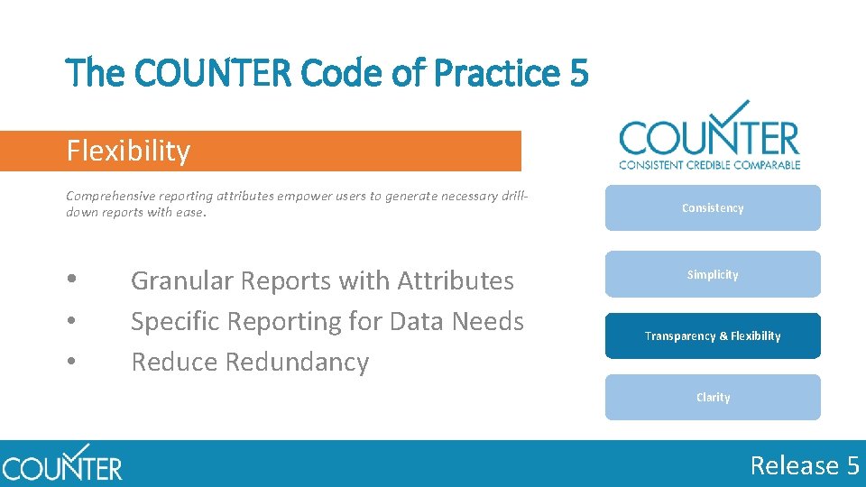 The COUNTER Code of Practice 5 Flexibility Comprehensive reporting attributes empower users to generate