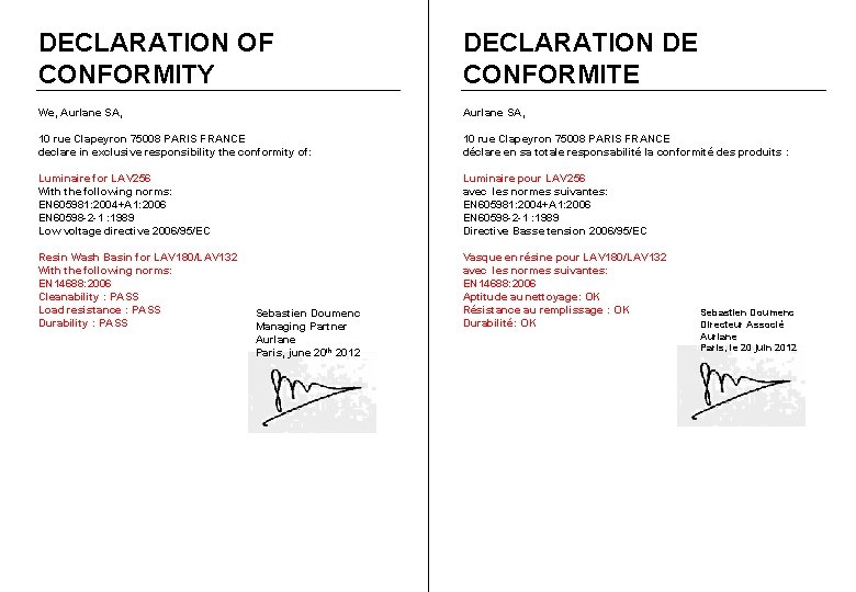 DECLARATION OF CONFORMITY DECLARATION DE CONFORMITE We, Aurlane SA, 10 rue Clapeyron 75008 PARIS