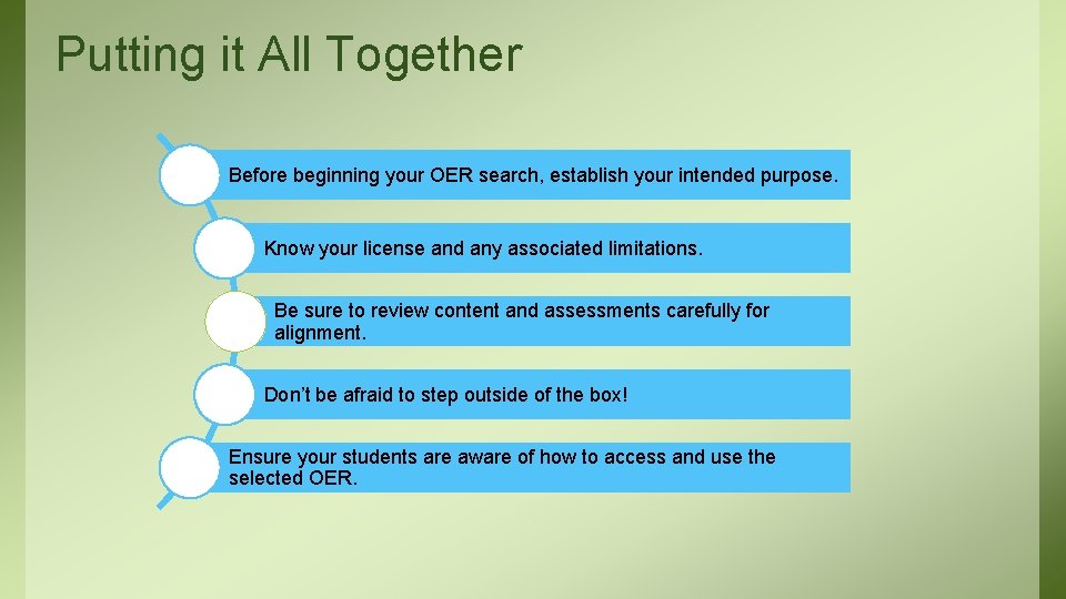 Putting it All Together Before beginning your OER search, establish your intended purpose. Know