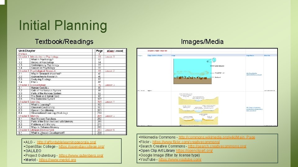 Initial Planning Textbook/Readings • ALG - http: //affordablelearninggeorgia. org/ • Open. Stax College -