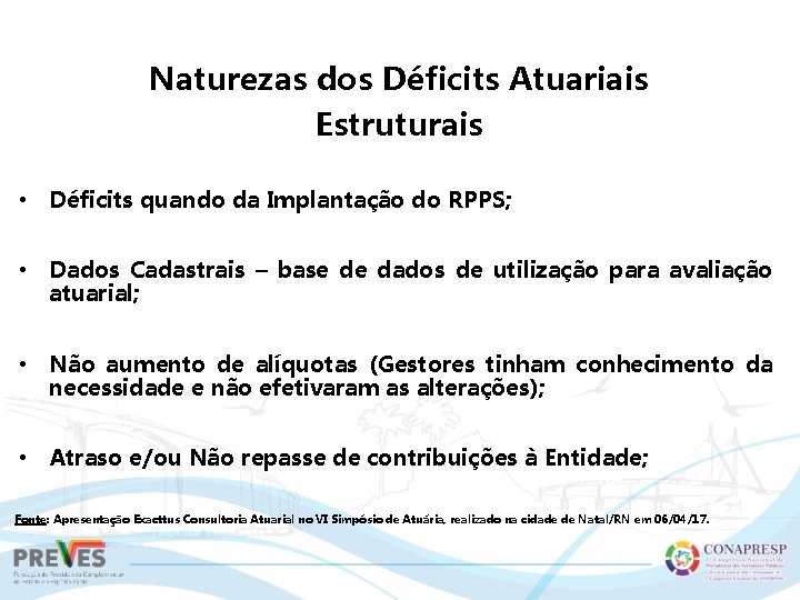 Naturezas dos Déficits Atuariais Estruturais • Déficits quando da Implantação do RPPS; • Dados