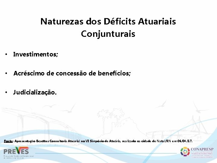 Naturezas dos Déficits Atuariais Conjunturais • Investimentos; • Acréscimo de concessão de benefícios; •