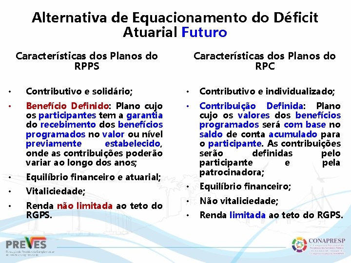 Alternativa de Equacionamento do Déficit Atuarial Futuro Características dos Planos do RPPS Características dos