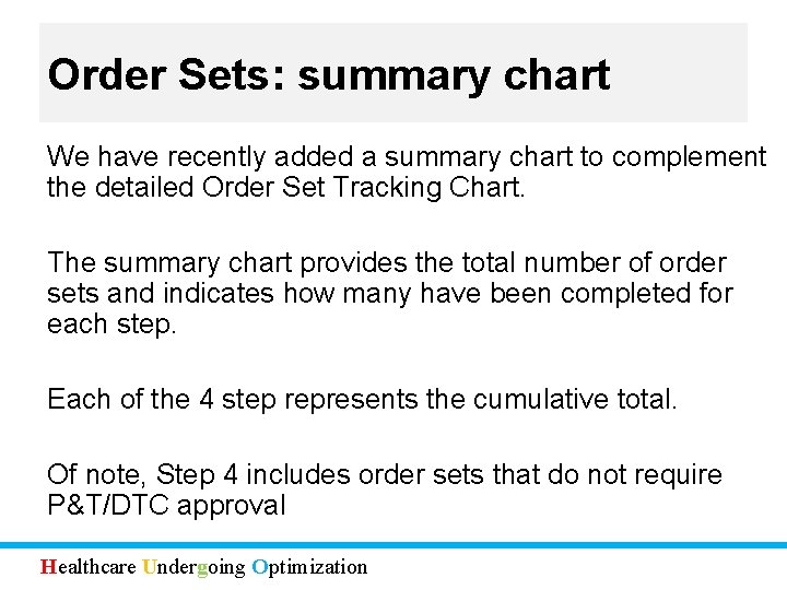 Order Sets: summary chart We have recently added a summary chart to complement the