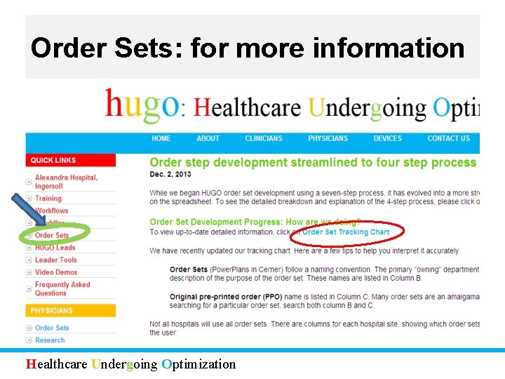 Order Sets: for more information Healthcare Undergoing Optimization 