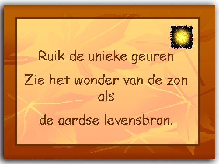 Ruik de unieke geuren Zie het wonder van de zon als de aardse levensbron.
