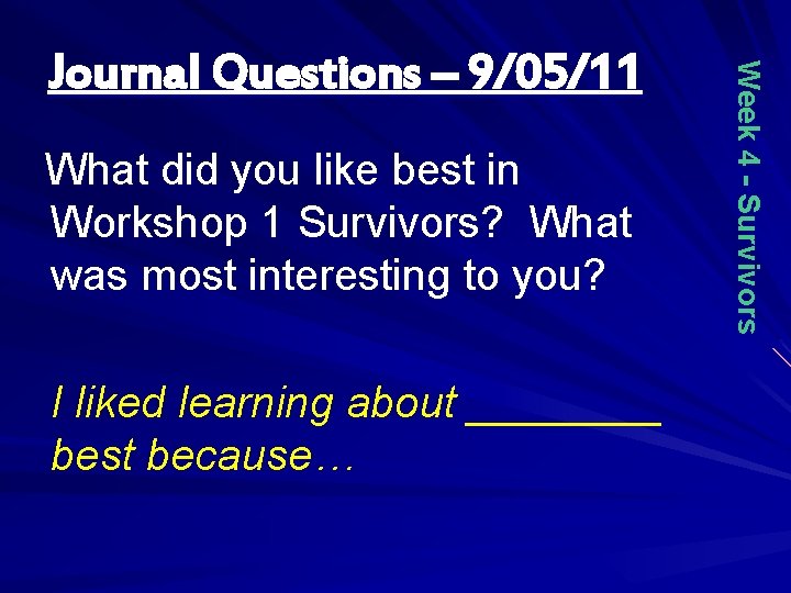 What did you like best in Workshop 1 Survivors? What was most interesting to