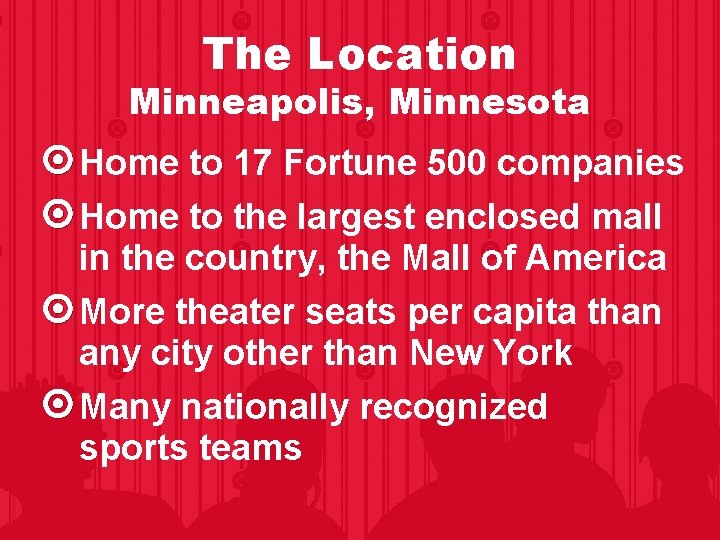 The Location Minneapolis, Minnesota Home to 17 Fortune 500 companies Home to the largest