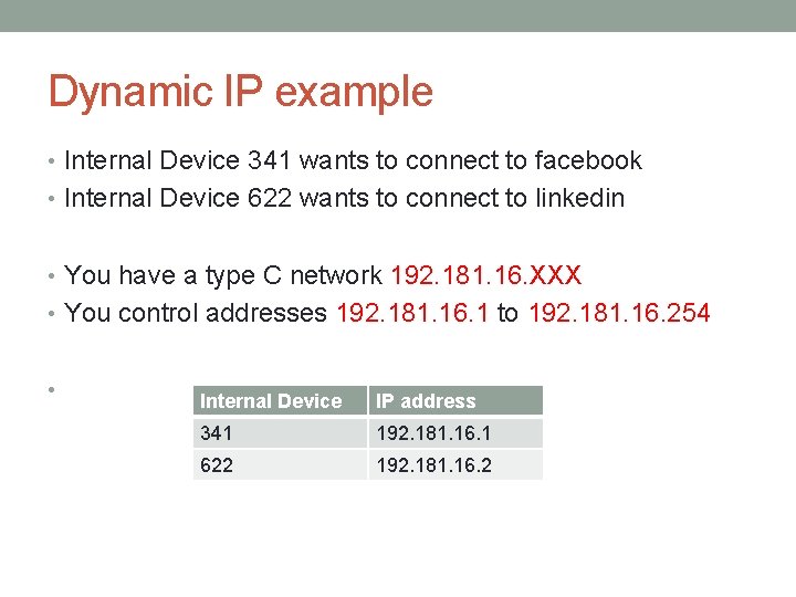 Dynamic IP example • Internal Device 341 wants to connect to facebook • Internal