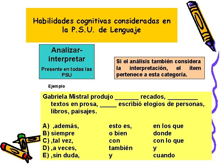 Habilidades cognitivas consideradas en la P. S. U. de Lenguaje Analizarinterpretar Presente en todas