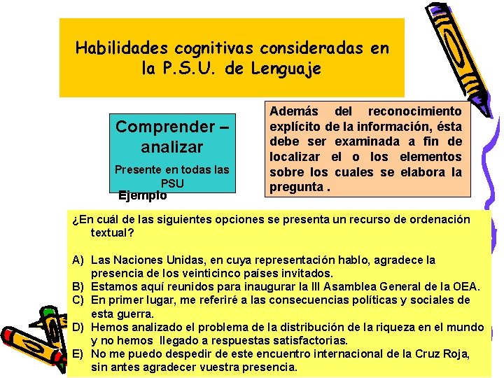 Habilidades cognitivas consideradas en la P. S. U. de Lenguaje Comprender – analizar Presente