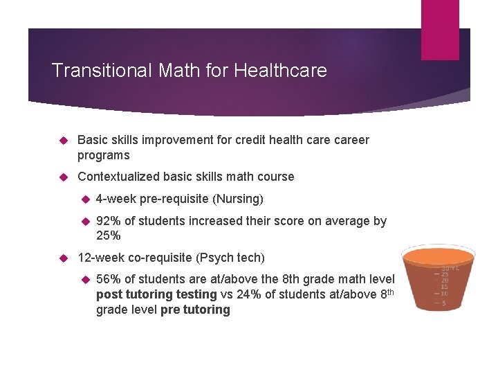 Transitional Math for Healthcare Basic skills improvement for credit health career programs Contextualized basic