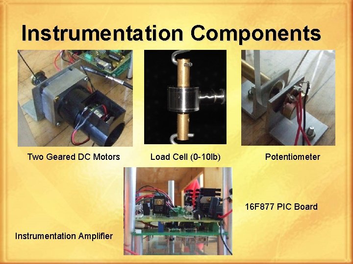 Instrumentation Components Two Geared DC Motors Load Cell (0 -10 lb) Potentiometer 16 F