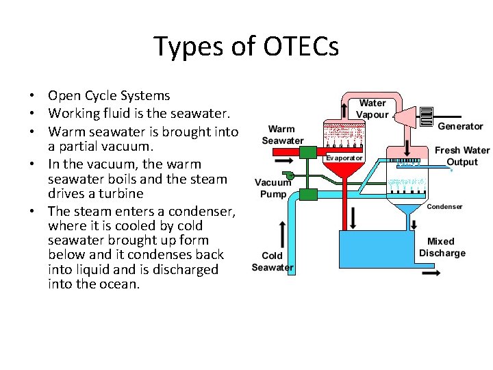 Types of OTECs • Open Cycle Systems • Working fluid is the seawater. •