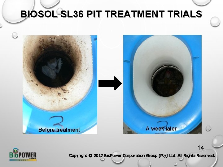 BIOSOL SL 36 PIT TREATMENT TRIALS Before treatment A week later 14 Copyright ©