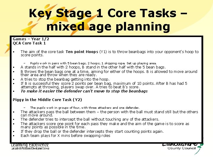 Key Stage 1 Core Tasks – mixed age planning Games – Year 1/2 QCA