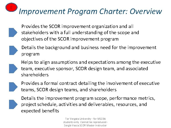 E Improvement Program Charter: Overview Provides the SCOR improvement organization and all stakeholders with