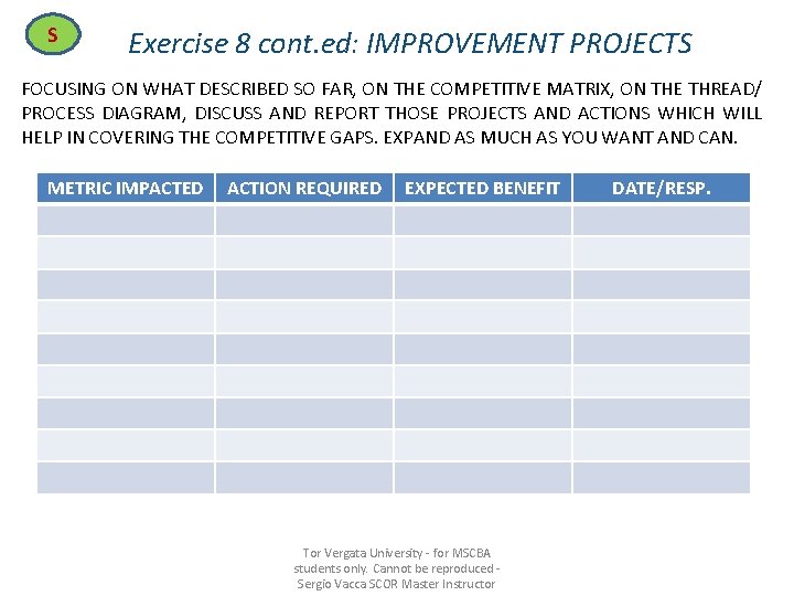 S Exercise 8 cont. ed: IMPROVEMENT PROJECTS FOCUSING ON WHAT DESCRIBED SO FAR, ON