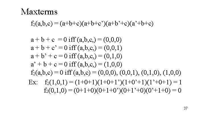 Maxterms f 2(a, b, c) = (a+b+c)(a+b+c’)(a+b’+c)(a’+b+c) a + b + c = 0