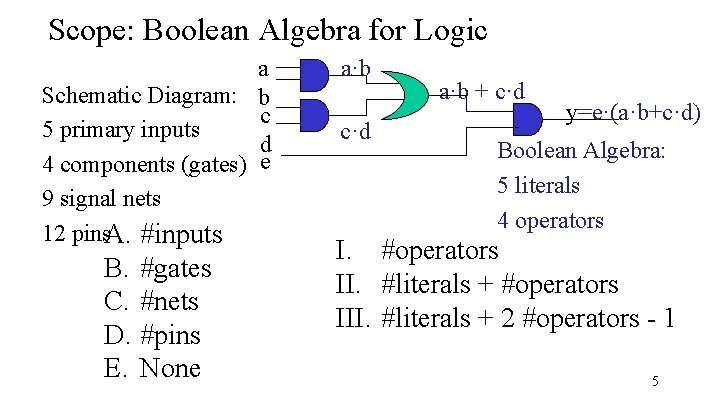 Scope: Boolean Algebra for Logic a Schematic Diagram: b c 5 primary inputs d