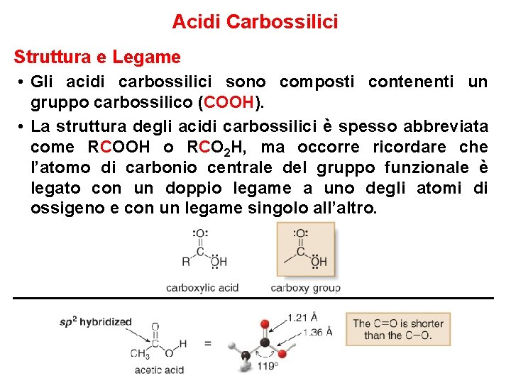 Acidi Carbossilici Struttura e Legame • Gli acidi carbossilici sono composti contenenti un gruppo