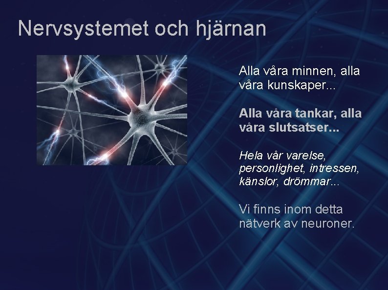 Nervsystemet och hjärnan Alla våra minnen, alla våra kunskaper. . . Alla våra tankar,