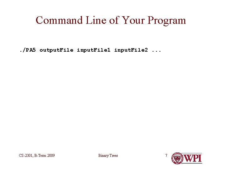 Command Line of Your Program. /PA 5 output. File input. File 1 input. File