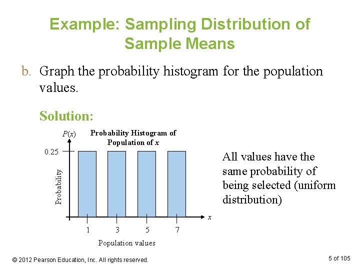 Example: Sampling Distribution of Sample Means b. Graph the probability histogram for the population