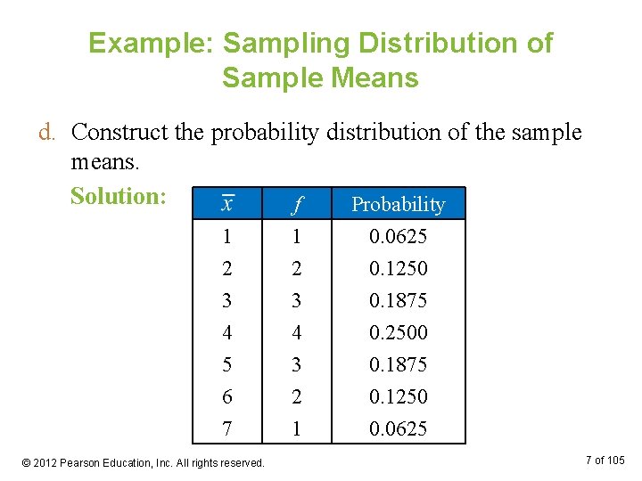 Example: Sampling Distribution of Sample Means d. Construct the probability distribution of the sample