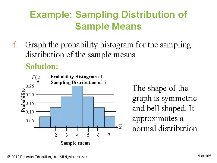 Example: Sampling Distribution of Sample Means f. Graph the probability histogram for the sampling