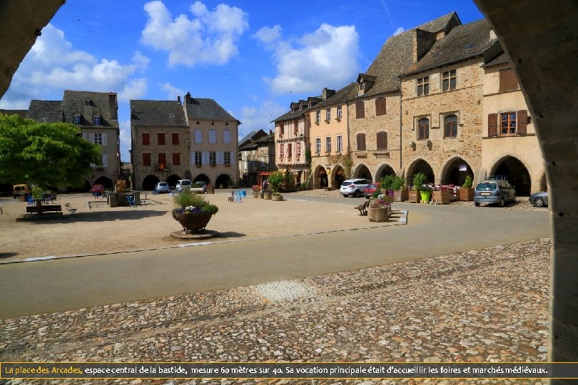 La place des Arcades, espace central de la bastide, mesure 60 mètres sur 40.