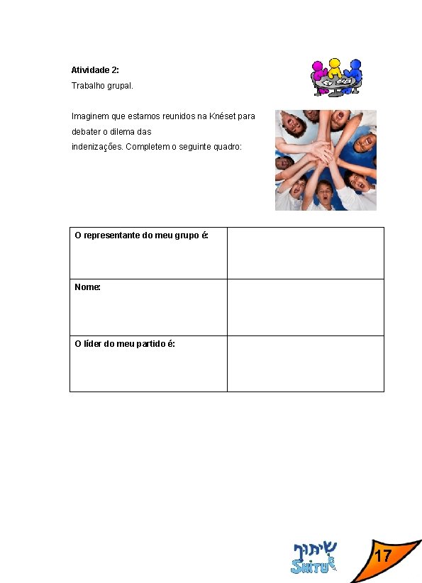 Atividade 2: Trabalho grupal. Imaginem que estamos reunidos na Knéset para debater o dilema