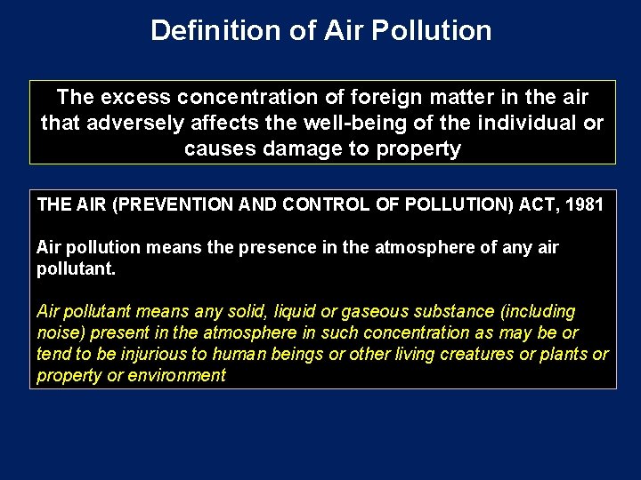 Definition of Air Pollution The excess concentration of foreign matter in the air that