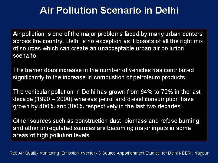 Air Pollution Scenario in Delhi Air pollution is one of the major problems faced