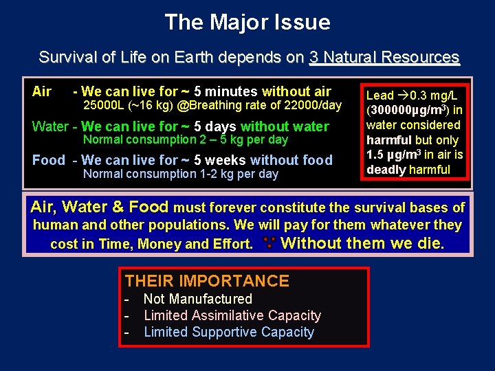 The Major Issue Survival of Life on Earth depends on 3 Natural Resources Air