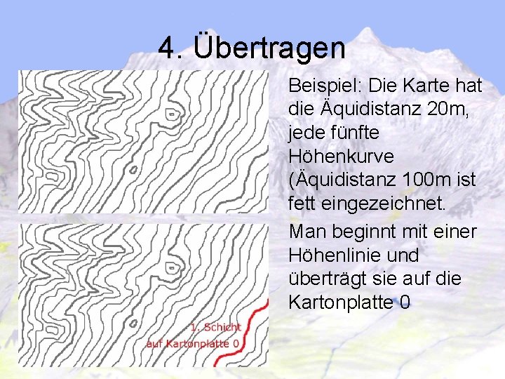 4. Übertragen Beispiel: Die Karte hat die Äquidistanz 20 m, jede fünfte Höhenkurve (Äquidistanz