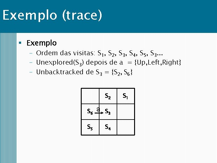 Exemplo (trace) § Exemplo – Ordem das visitas: S 1, S 2, S 3,